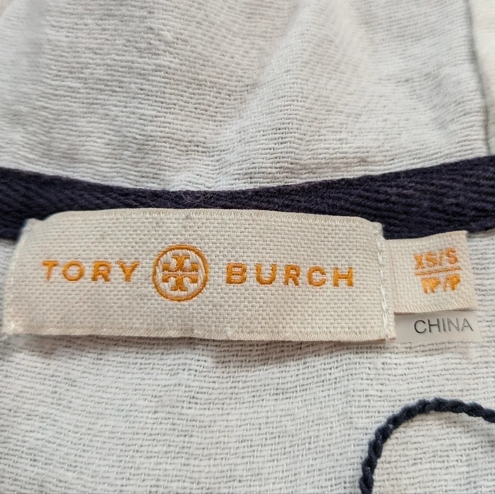 Tory Burch white blue orange tassel 100% cotton hooded cover up top XS/S